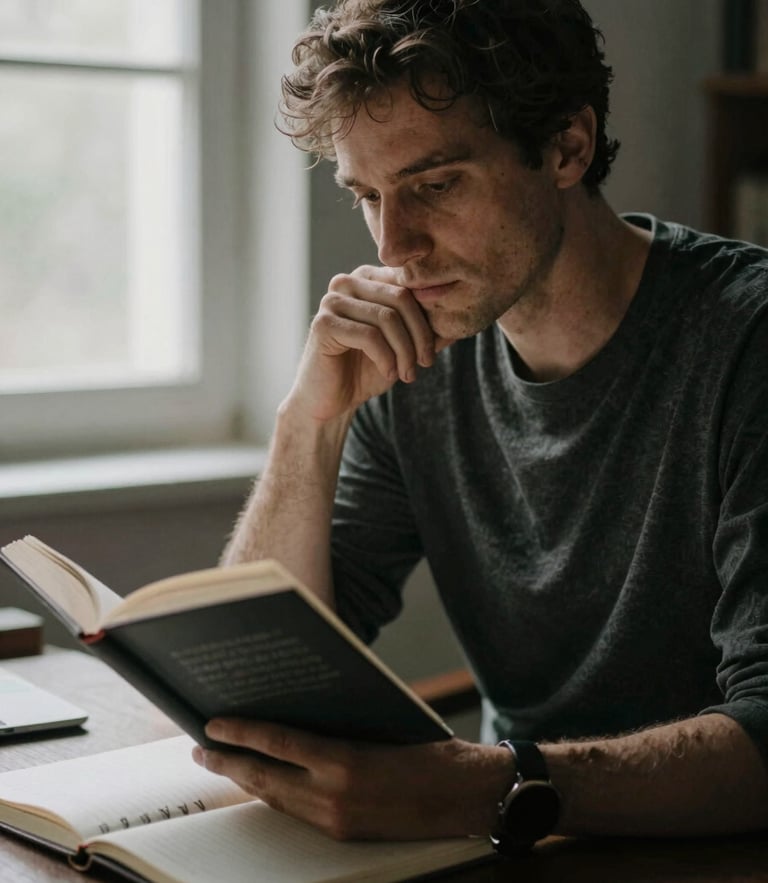 Candid medium-close portrait of a thoughtful man in a quiet, naturally lit workspace, reading a book next to an analog journal, soft shadows, moody editorial photography style
