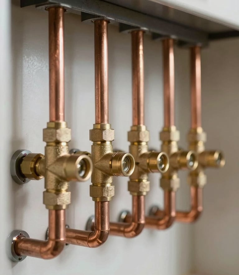 High-quality close-up of clean copper pipes and brass valves neatly arranged in a modern utility room, bright natural daylight, technical precision.