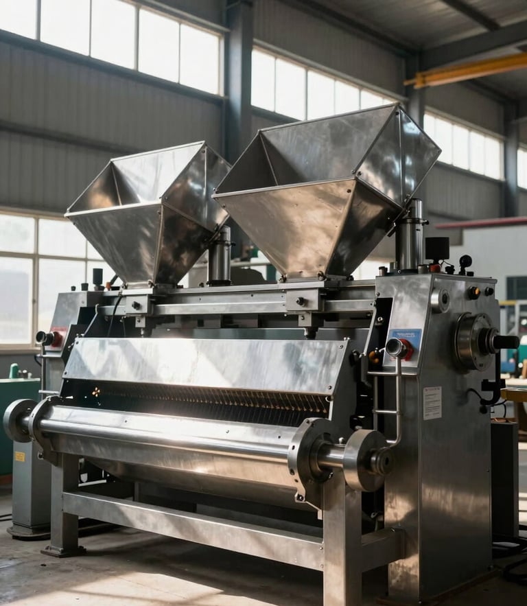 Industrial rice milling machinery in an Andhra Pradesh facility, stainless steel chutes, clean high-contrast natural sunlight streaming through high windows.