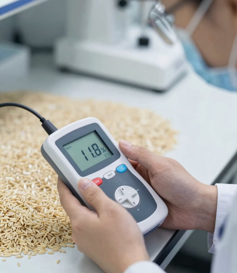 A technical laboratory technician using a digital moisture meter on raw rice grains, clinical white lighting, focus on the digital readout showing 11.8%.