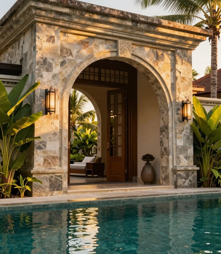Close-up editorial shot of a luxury Balinese resort entrance with stone archways, warm golden hour light reflecting on a clean pool, high-end travel aesthetic