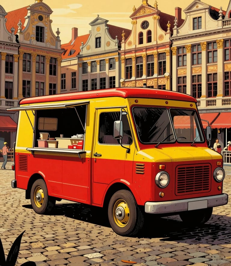 Vibrant Belgian comic book illustration of a vintage red and yellow food truck parked on a cobblestone Brussels square, warm cell shading, bold ink outlines, retro texture.