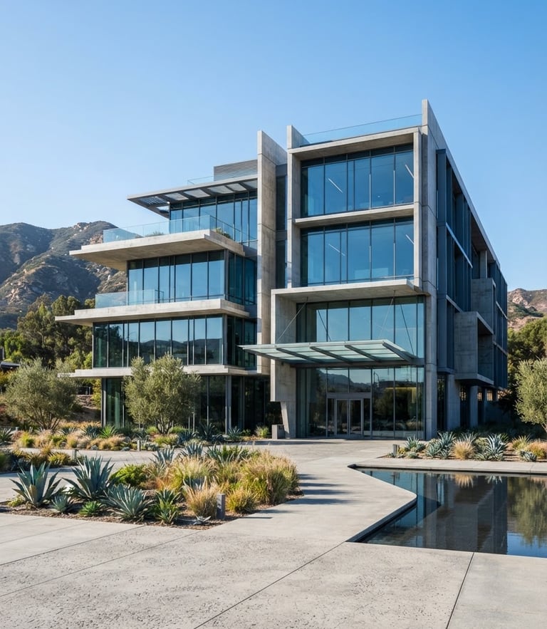 Crisp architectural photography of a modern concrete and glass corporate headquarters in Southern California, bright natural daylight, cool blue shadows, sharp focus, 35mm lens