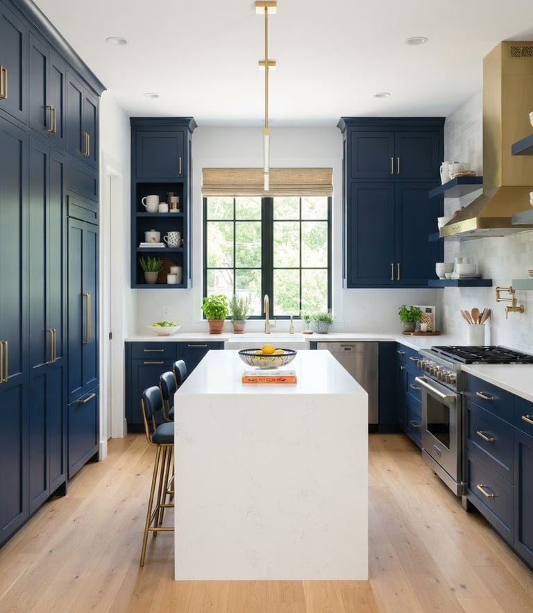 Straight-on architectural photography of a newly remodeled modern kitchen, bright natural window light, crisp navy cabinets, white quartz countertops, gold hardware details, 35mm lens