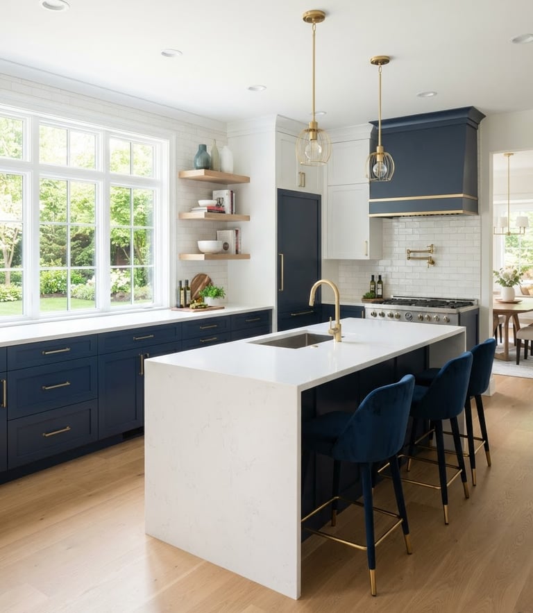 Bright architectural photo of a newly remodeled modern kitchen, natural window light, clean white countertops and navy blue cabinetry, sharp focus, 35mm lens