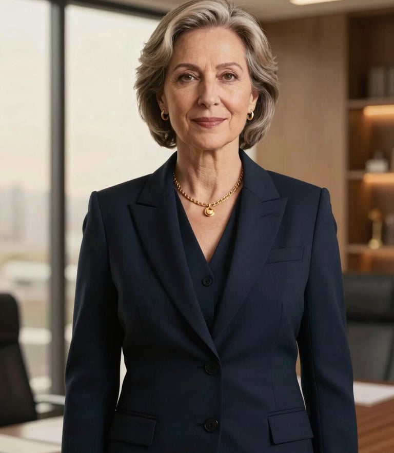 Professional editorial portrait of a senior female lawyer in a navy blazer, warm window lighting, sophisticated modern office background, 35mm
