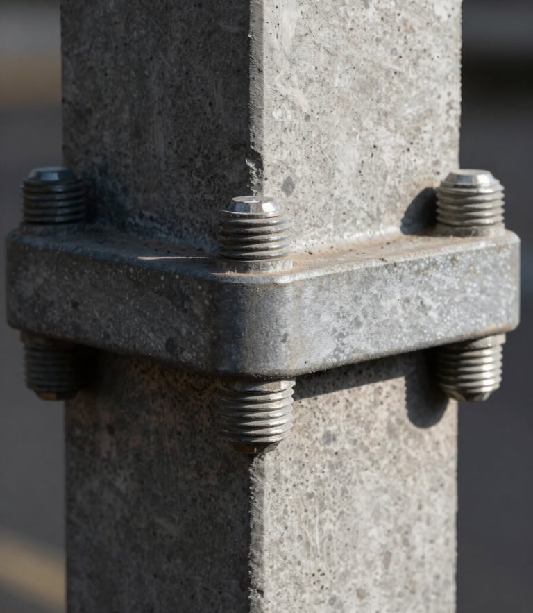 Extreme close-up of a structural steel joint with heavy industrial bolts, raw textured concrete pillar in the background, high contrast lighting