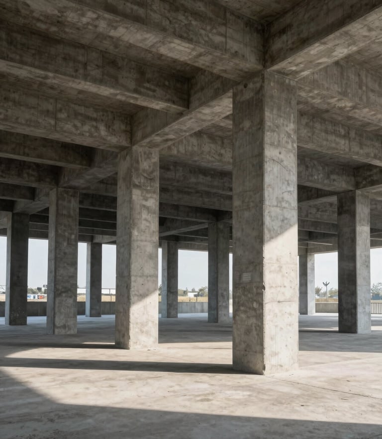 Wide-angle architectural shot of massive raw concrete foundations and structural steel columns of an industrial facility under hard daylight, casting strong geometric shadows.