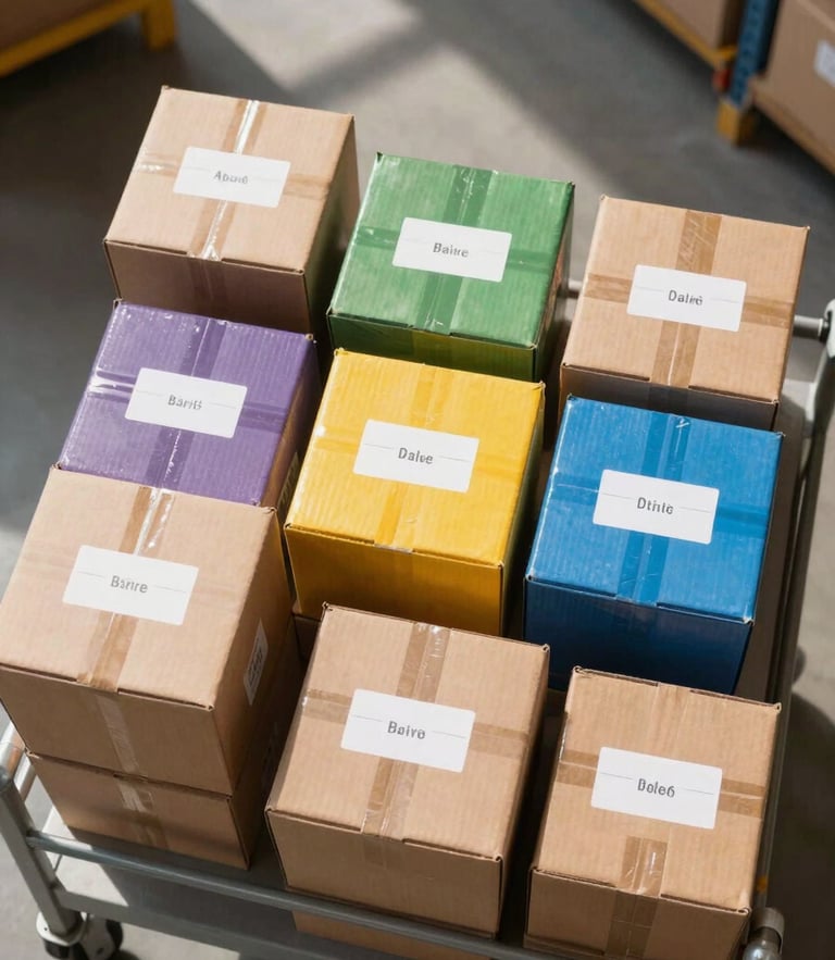A top-down structured shot of neatly labeled and color-coded inventory boxes, organized on a clean steel cart inside a bright warehouse, daylight casting sharp shadows.