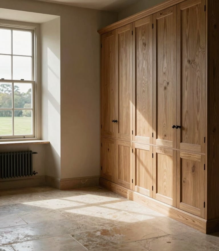 Warm editorial interior photography of a Wiltshire manor living room, soft natural window light streaming across honed limestone floors and bespoke wire-brushed oak joinery, architectural composition, 35mm lens.