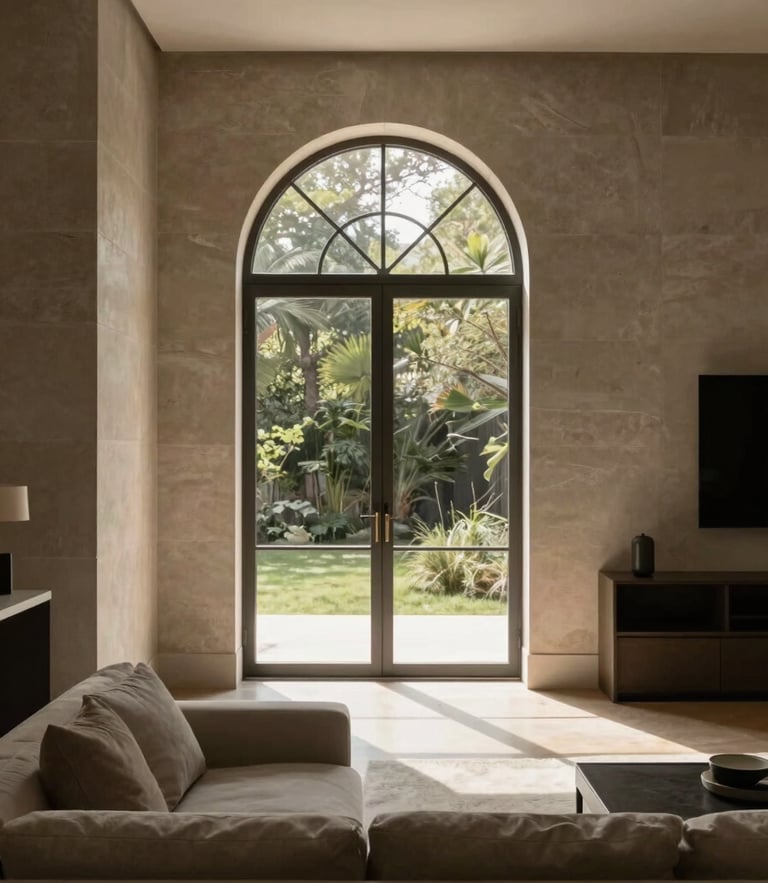 Architectural elevation of a modern residential interior, soft natural light streaming through a large arched window, muted stone walls, elegant minimalist furniture, 35mm lens.