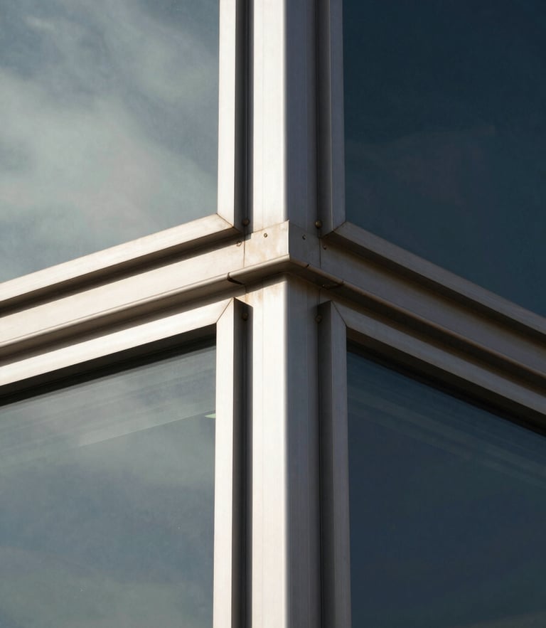 Sharp architectural photography of clean aluminum joints and structural curtain walls reflecting the sky under harsh desert sunlight, deep charcoal and metallic tones, 35mm lens