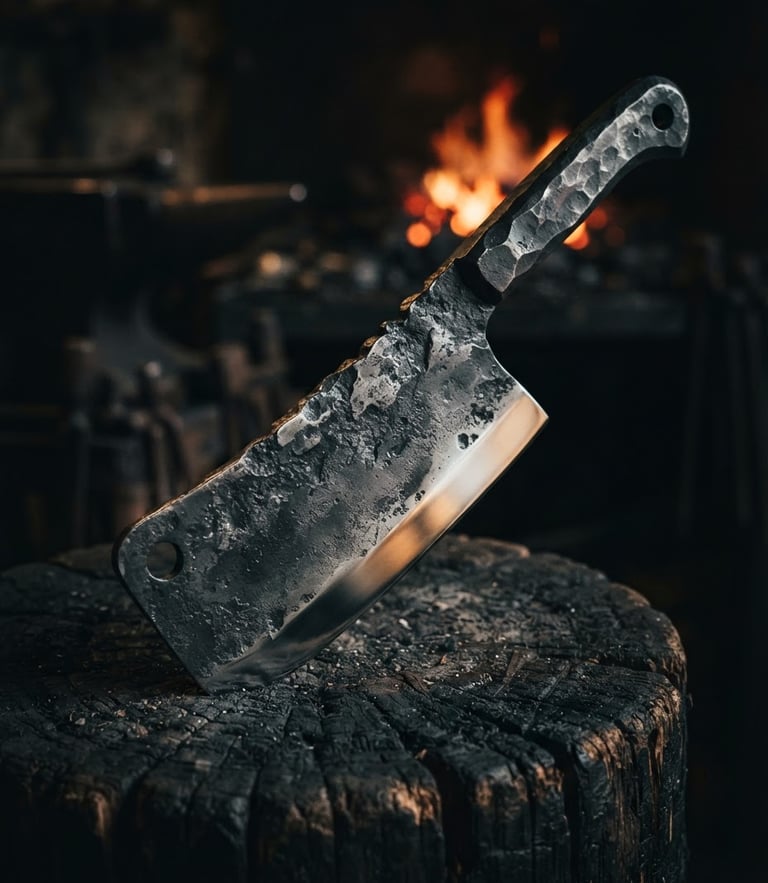 Close-up macro of a heavy, dark hand-forged cleaver resting on a charred wooden block, showing rough hammer marks on the spine and a razor-sharp polished edge, low-key chiaroscuro lighting with orange forge embers glowing in the background.