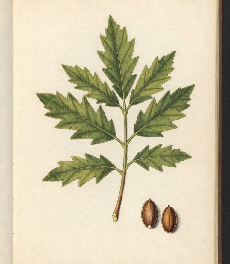 Vintage botanical plate of Ricinus communis, detailed ink drawing of leaves and seeds on aged warm cream paper, soft overcast daylight, scientific archive style.