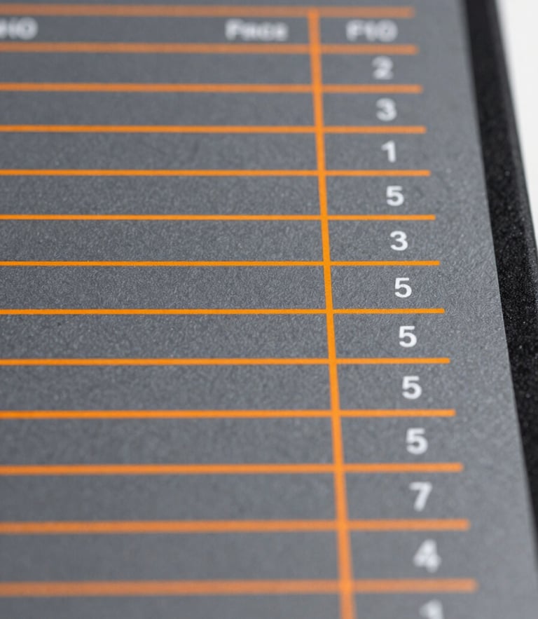 Straight-on technical UI mockup of a unit price analysis table, slate gray background with safety orange highlight lines, sharp focus