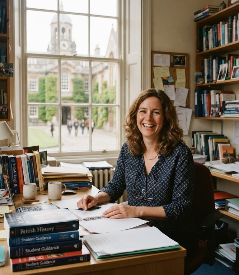 Candid medium portrait of a friendly academic advisor smiling in a sunlit university office, historical campus visible through the window, natural light, 35mm film look