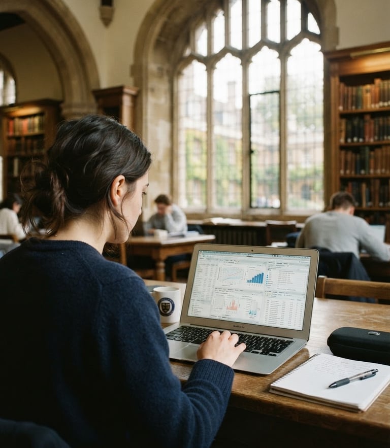 Candid over-the-shoulder shot of a postgraduate student analyzing research data on a laptop in a quiet, sunlit university library, historic stone window in the background, soft natural daylight, 35mm film look.