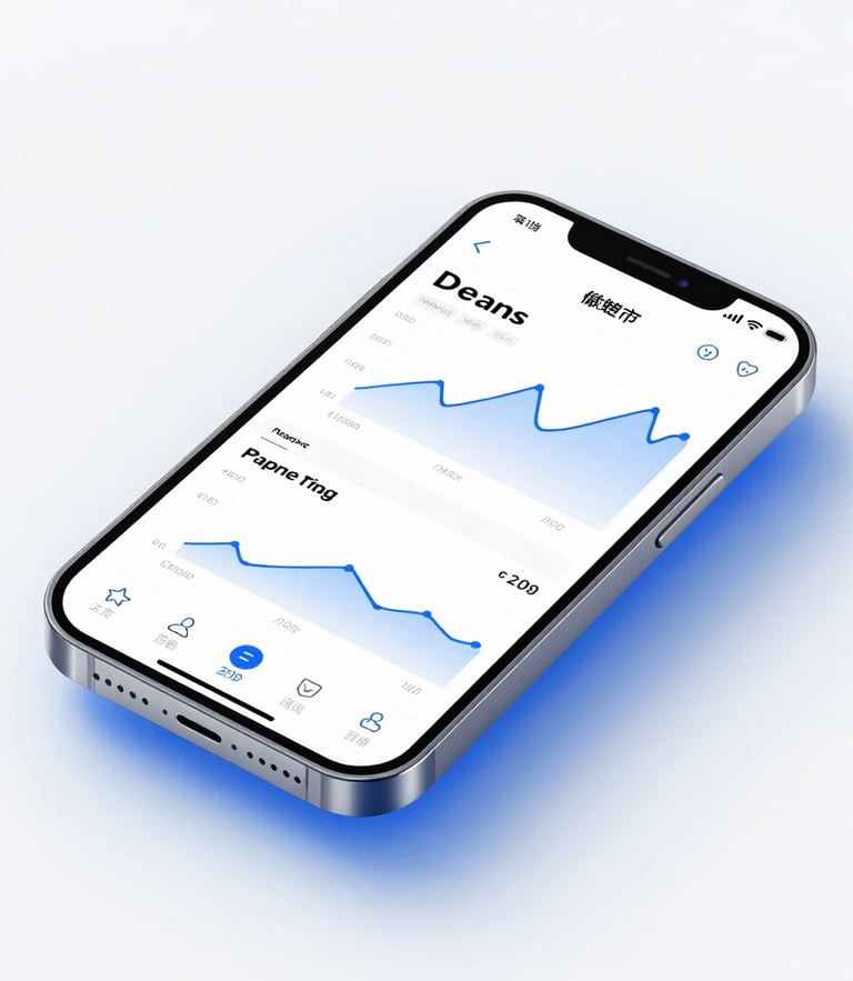 Macro shot of a premium smartphone displaying a clean financial dashboard, bright high-key studio lighting with soft blue ambient fills, minimalist tech aesthetic