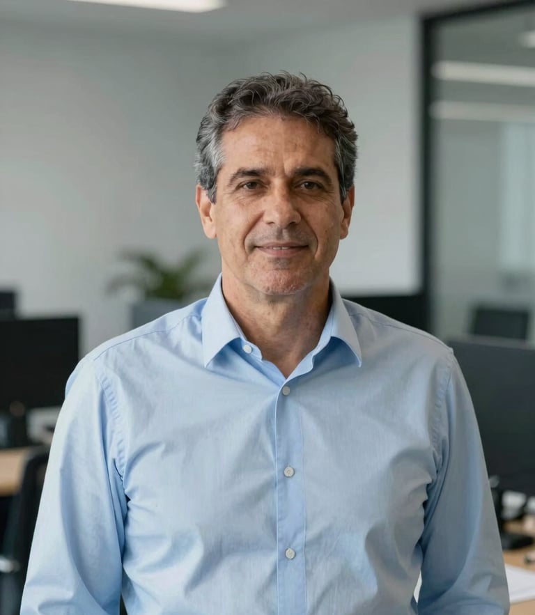 Portrait of Agnaldo Souto, a professional administrator in his 50s, wearing a light blue shirt, clean corporate office setting, bright natural daylight, cool gray tones, sharp focus, professional editorial.