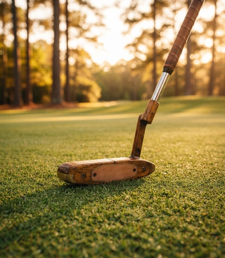 Warm editorial photography of a wooden putter resting on lush green turf, golden-hour sunlight filtering through pine trees, shallow depth of field