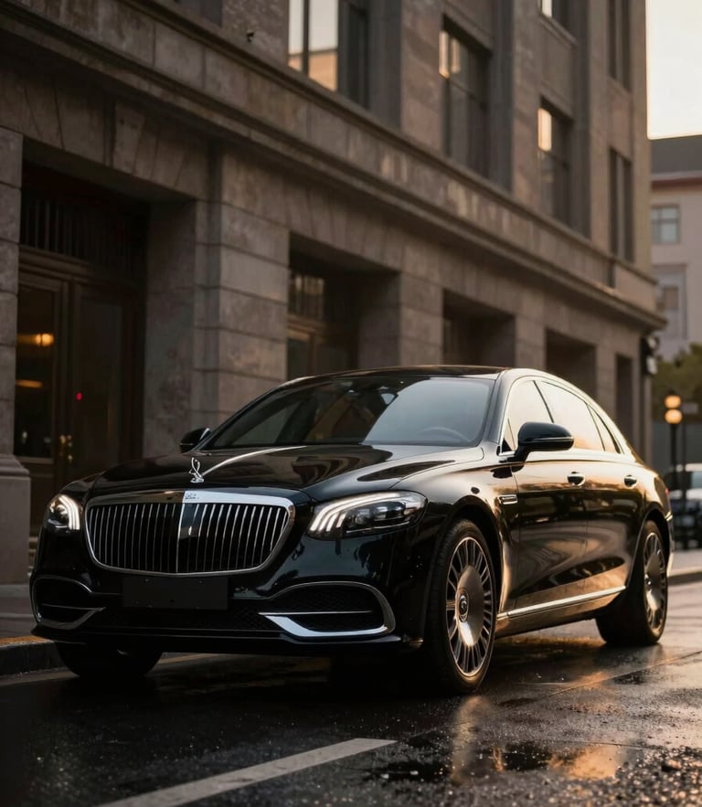 Low-angle heroic shot of a polished black luxury sedan on a wet city street at golden hour, sharp focus, dramatic lighting