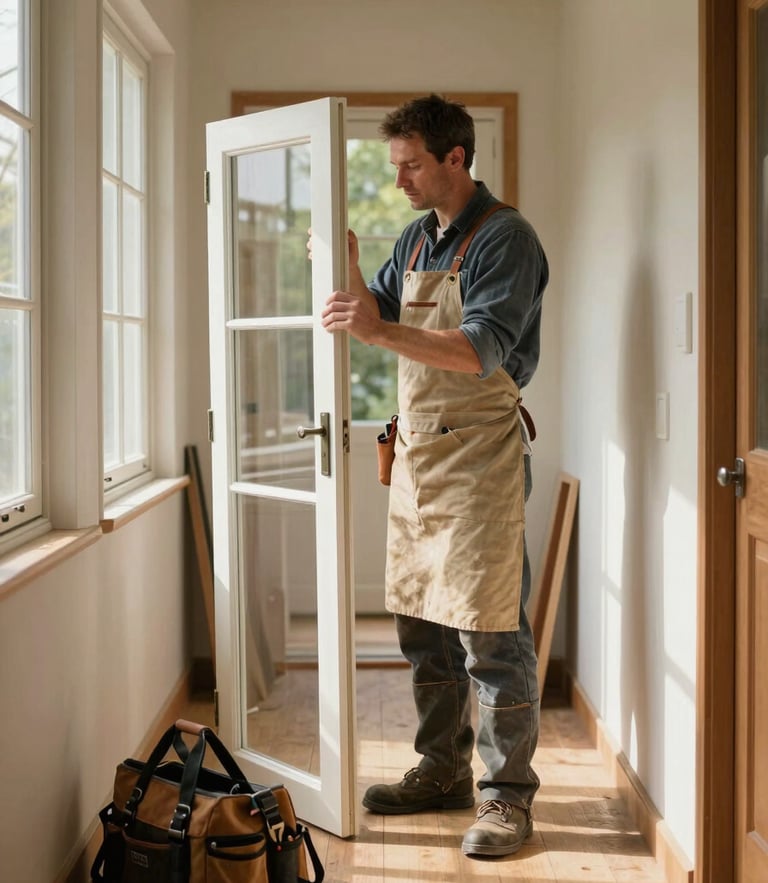 A master joiner in a canvas apron examining a historic sash window frame in a sunlit hallway, toolbag resting on the wooden floorboards nearby.