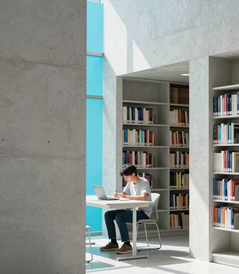 Focused student studying in a modern, sunlit library, architectural concrete walls, soft electric indigo color-gel highlight in the shadows, clean minimalist composition, 35mm lens