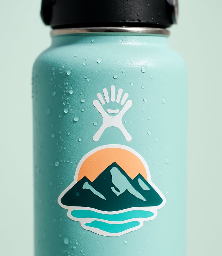 A close-up of a hydro flask with a custom vinyl decal, water droplets on the glossy surface, bright natural daylight, pale mint background, 50mm lens.