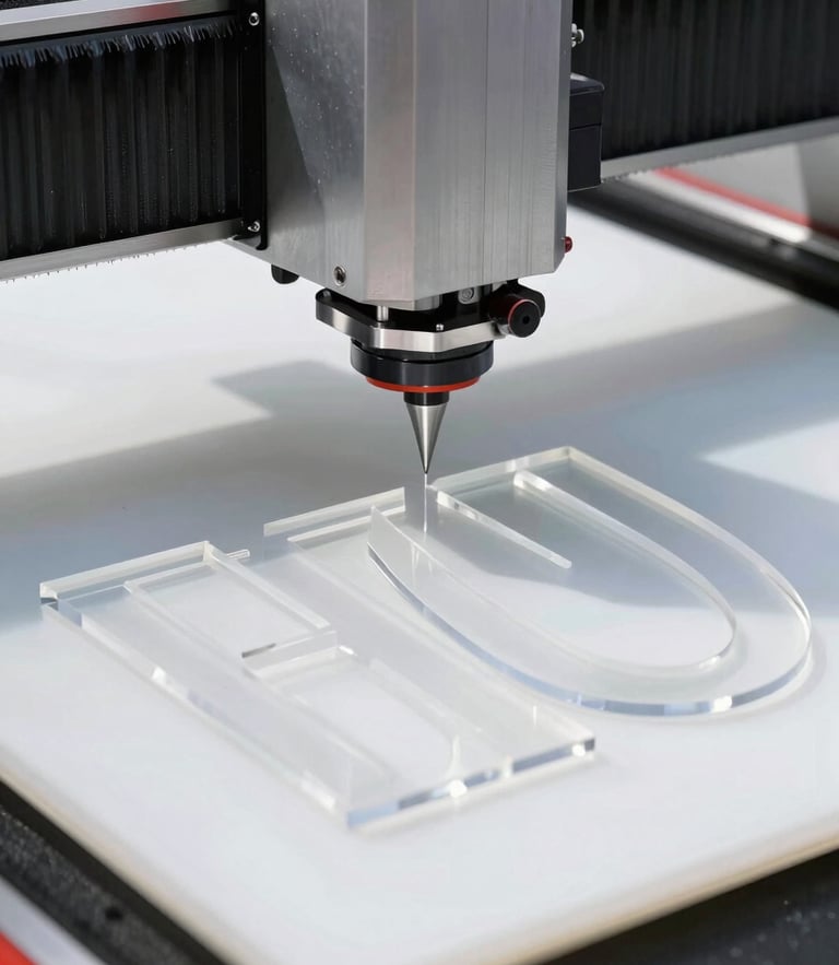 Macro shot of a high-precision CNC router cutting a clean acrylic letter, bright industrial daylight, sharp focus on the polished edge, 50mm lens