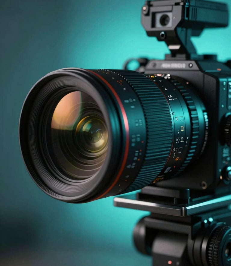 Anamorphic camera rig in a low-light studio environment, dramatic electric cyan backlighting, cinematic lens flare, extreme close-up on the lens