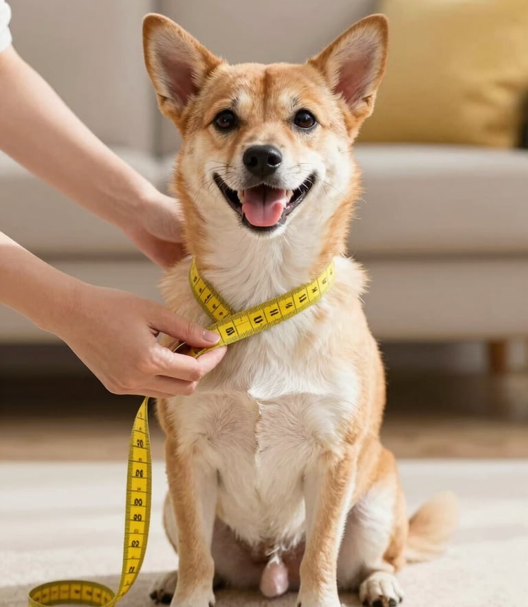 A happy small dog sitting patiently while a person gently measures its chest with a soft yellow measuring tape, bright natural daylight, warm home background