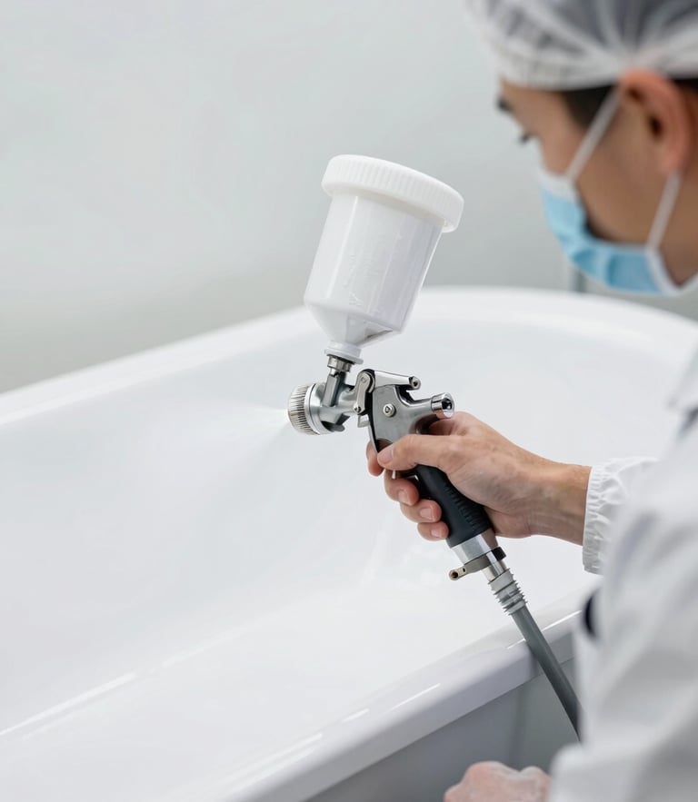 Sharp industrial photography of a technician in a clean branded uniform using a precision spray gun to apply white glaze to a bathtub, bright clean work light, 35mm