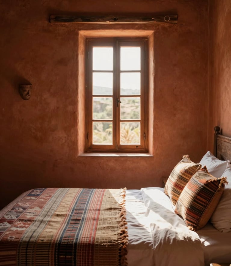 Warm editorial portrait of a cozy rustic hotel bedroom, golden-hour sunlight filtering through a wooden window onto woven handloom textiles and terracotta clay walls, 35mm.