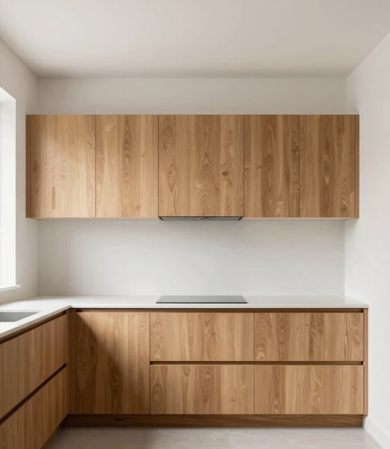 Straight-on architectural photograph of a minimalist kitchen with warm oak cabinetry, bright natural daylight, clean lines, 35mm lens