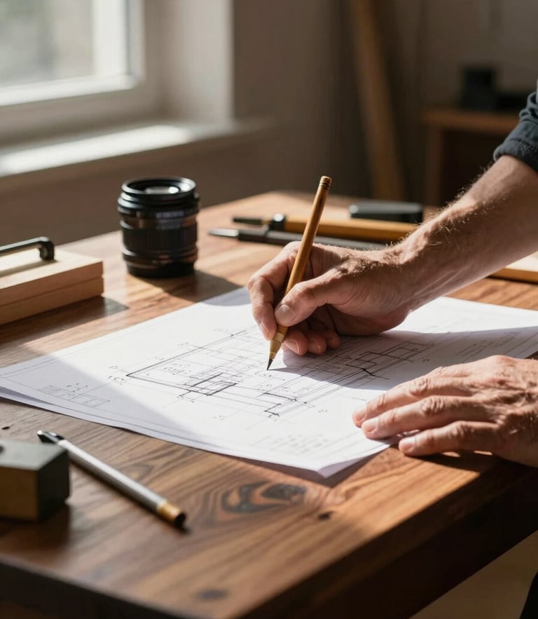 Close-up of a master carpenter drafting plans on a solid walnut tabletop, warm natural window side-light, architectural tools, high contrast, 35mm lens