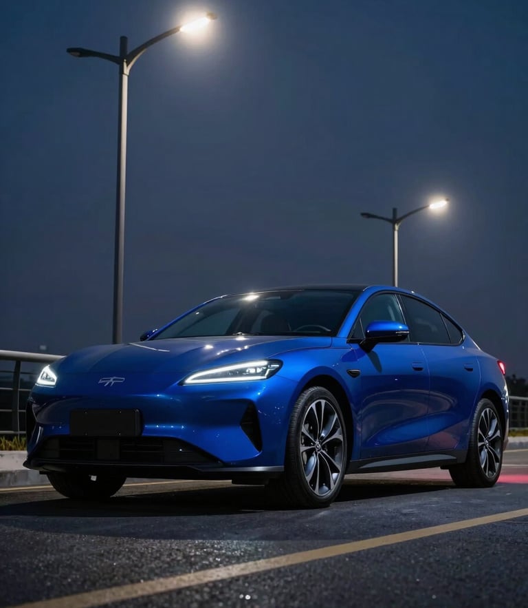 Low-angle heroic shot of a sleek modern sedan parked under dramatic cobalt streetlights, sharp focus, 35mm lens