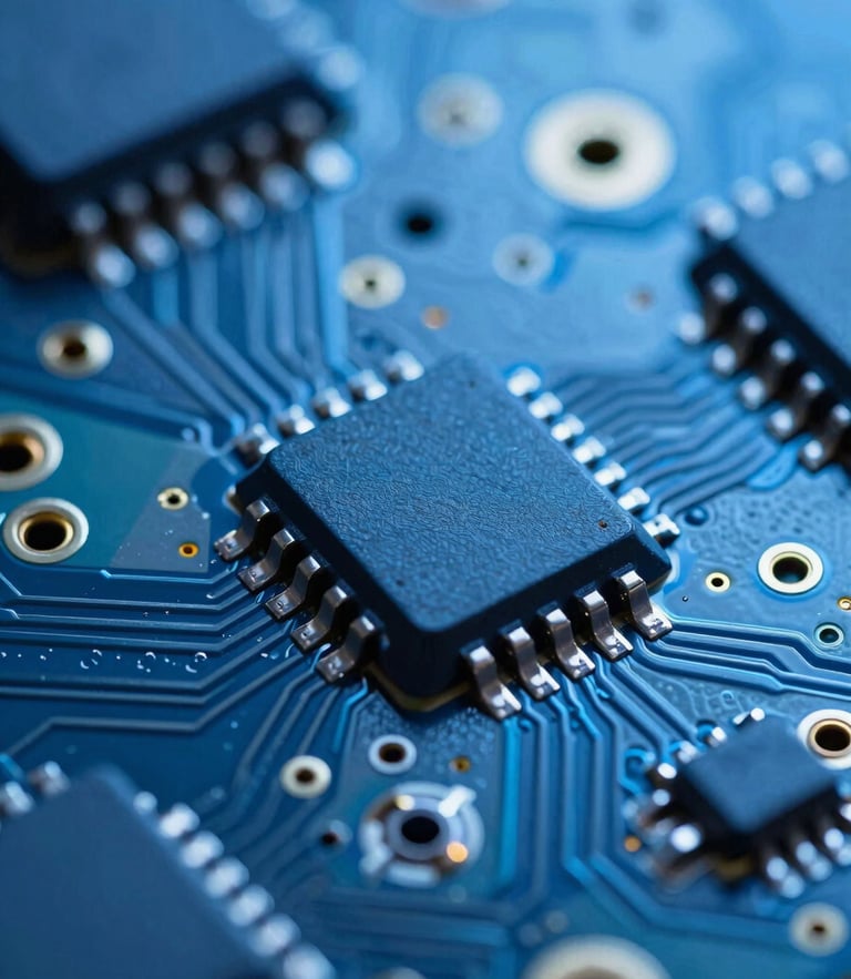 Macro close-up of a high-precision circuit board, cool clinical blue lighting, sharp focus on SMT solder joints, 50mm lens