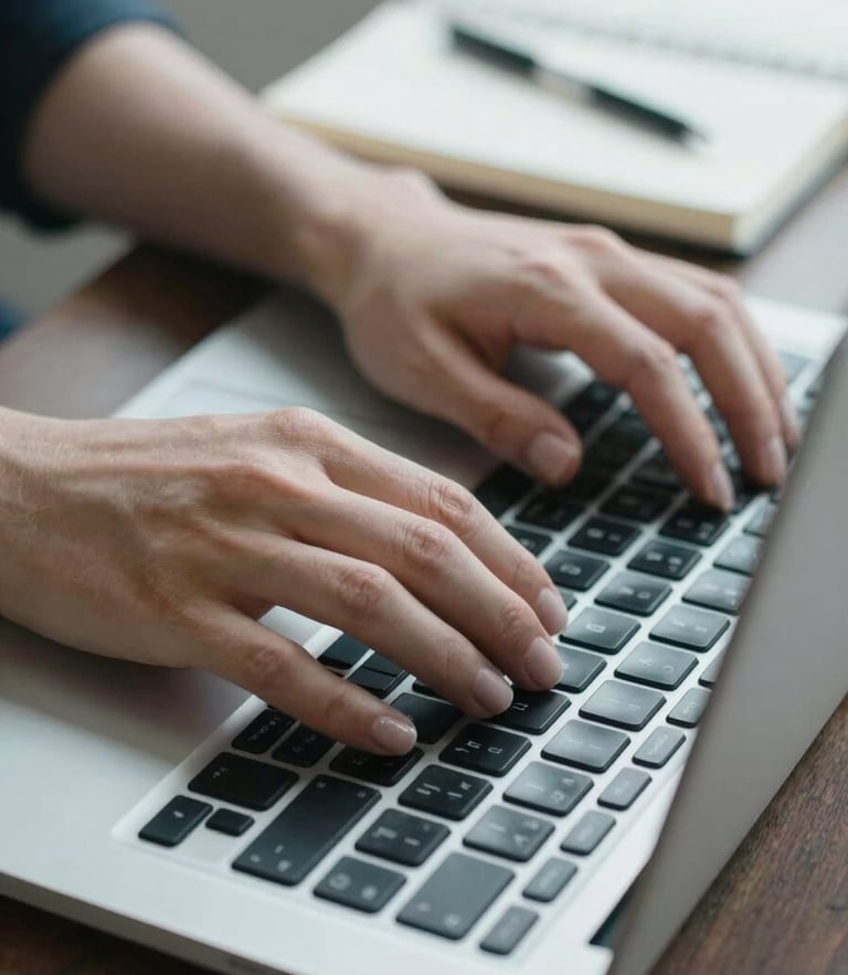 Close-up detail of hands typing on a modern laptop keyboard next to a clean notebook, bright natural cool-toned light, professional setting.