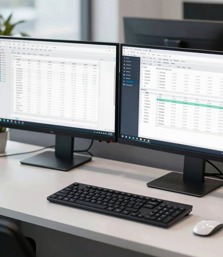 A clean modern office workspace with dual monitors displaying financial spreadsheets and secure accounting software under cool daylight, sharp angles.