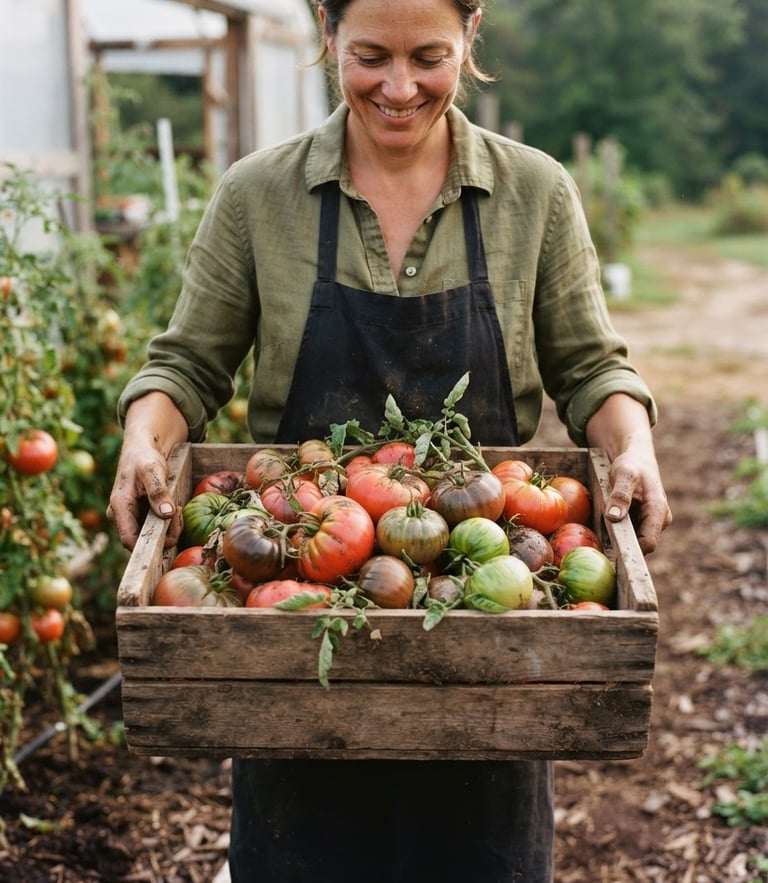 Low-angle medium shot of a grower holding a wooden crate of heirloom tomatoes, soft morning harvest light, rich soil details, editorial food photography style.