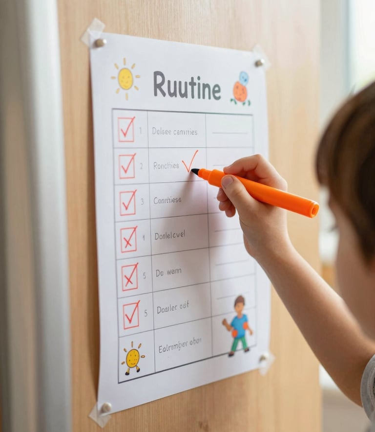 A close-up of a seven-year-old child's hand holding a bright orange marker, proudly drawing a checkmark on a beautifully illustrated daily routine chart stuck to a warm wooden refrigerator door, soft window light.