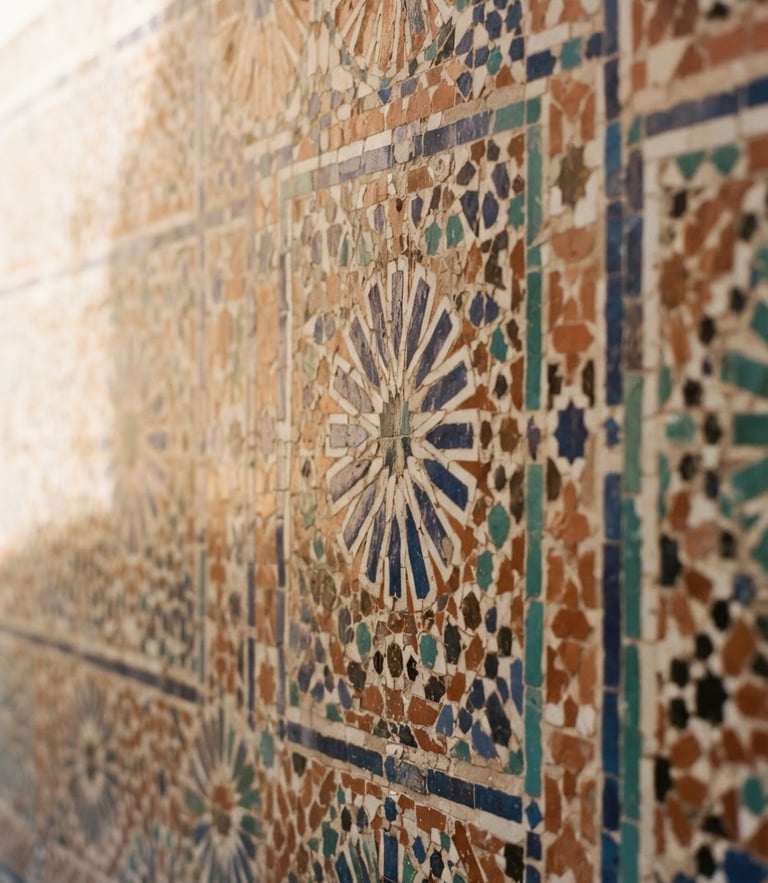 Detailed close-up of sun-drenched zellij tilework in a quiet riad courtyard, warm terracotta and sand tones, soft morning light, shallow depth of field