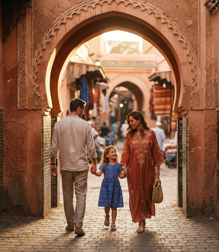 A portrait of a family walking through a sun-drenched Moroccan archway, warm golden-hour light, rich terracotta tones, shallow depth of field, 35mm editorial photography.