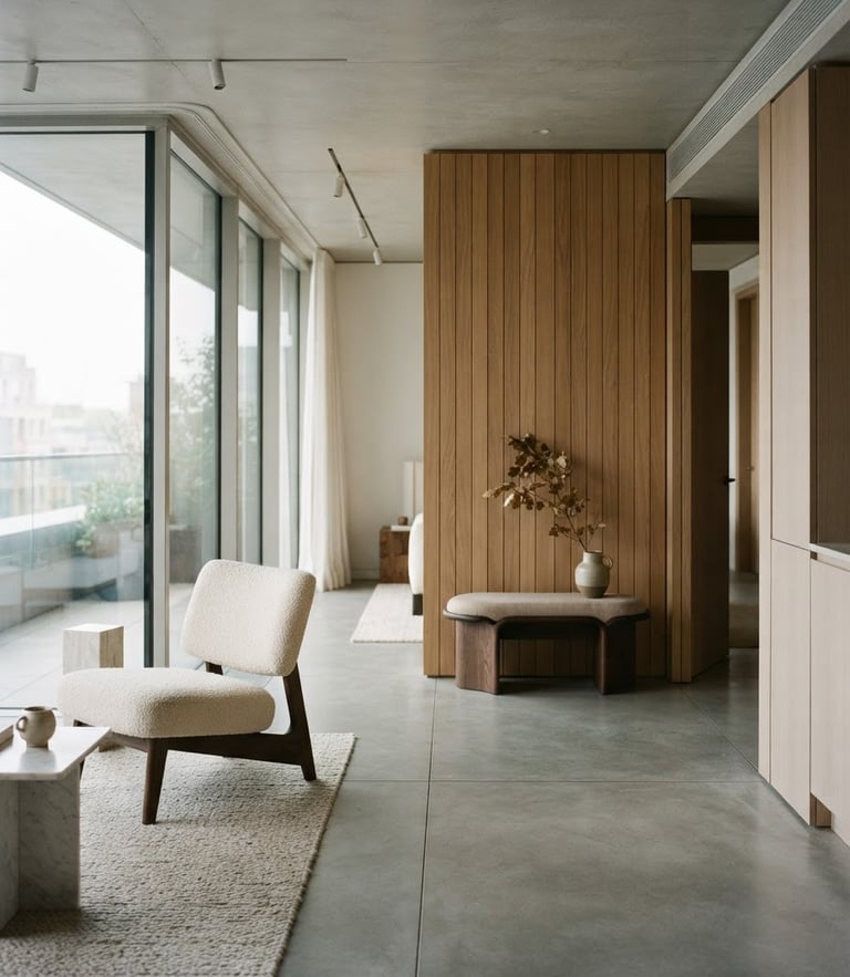 Architectural photograph of a minimalist luxury apartment interior, soft natural morning light, concrete floor meeting a warm oak wall, professional 35mm composition.
