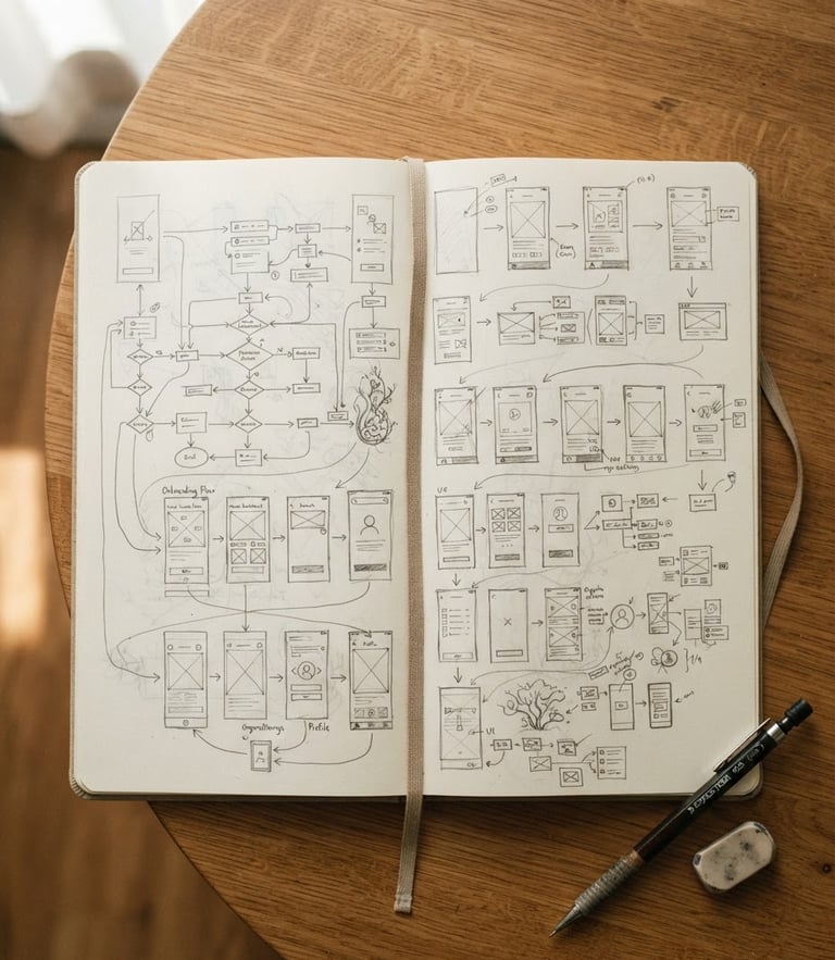 A top-down view of an open sketchbook with hand-drawn UX user flows and organic pencil illustrations, resting on a warm wooden table in soft morning light.
