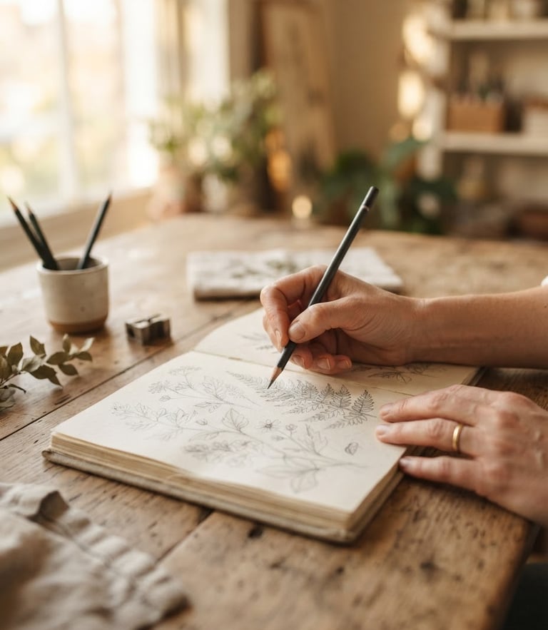 Close-up of a designer's hands sketching botanical illustrations in a physical linen sketchbook on a raw oak desk, soft morning window light, shallow depth of field.