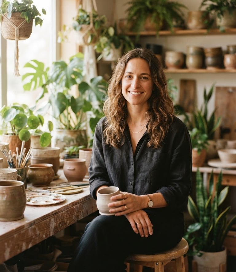 Warm, approachable portrait of Meg Shilobod in her sunlit studio, surrounded by leafy green plants and earthy ceramic pots, soft natural window light, shallow depth of field, 35mm film style.