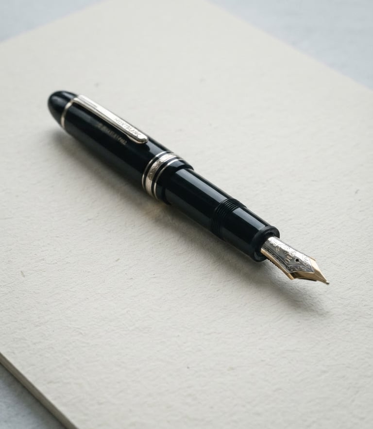 Macro detail of a high-end fountain pen resting on clean, thick cream paper, soft overcast daylight, cool desaturated tones, architectural shadows