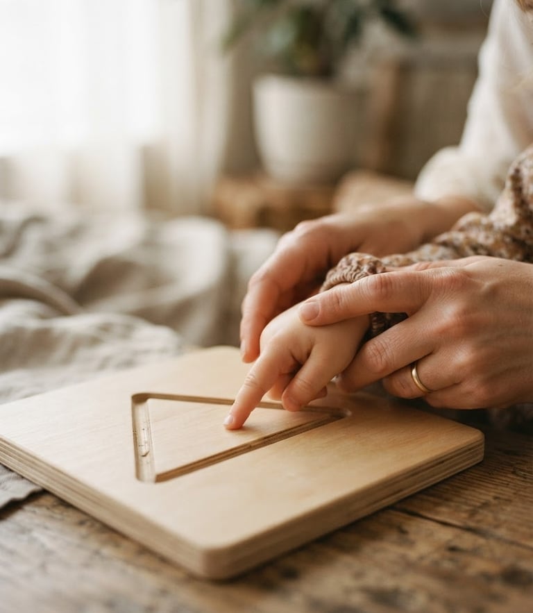 Close-up on hands guiding a child's hand to trace a geometric shape on a wooden board, soft natural window light, warm sand tones, shallow depth of field, 35mm