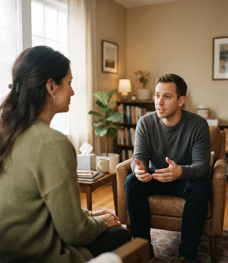 Over-the-shoulder perspective of a calm counseling session in a room with soft, diffused natural window light, muted earth tones, 35mm